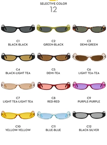 Detailed display of narrow rectangular sunglasses in twelve vibrant fashion colors