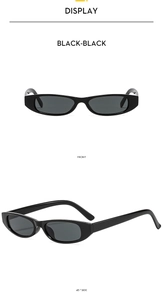 Detail view of retro narrow black frame sunglasses with front and side angles
