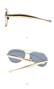 Side and back view of aviator sunglasses with gold metal frames and light blue lenses