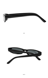 Side and back view of retro black narrow frame sunglasses with sleek polished finish