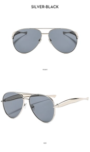 Front and side views of silver metal aviator sunglasses with black lenses and double bridge