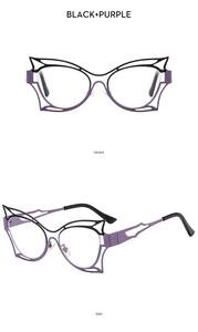 Detaillierte Front- und Seitenansicht der schwarz-violetten Schmetterlings-Metallbrille