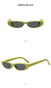 Front and side views of retro small oval sunglasses in green frames and black lenses