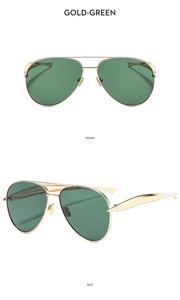 Front and side views of gold metal aviator sunglasses with dark green lenses