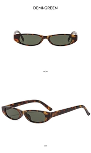Front and side views of retro small oval sunglasses in demi-green with dark lenses