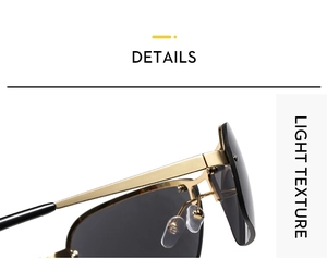 Detail of Y2K rimless sunglasses featuring golden metal hinges and light texture design