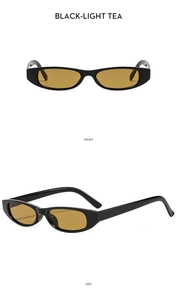 Retro slim oval sunglasses in black with light tea lenses shown from front and side view