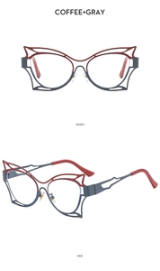 Vorder- und Seitenansicht der zweifarbigen Cat-Eye-Brille aus Metall in Kaffee und Grau