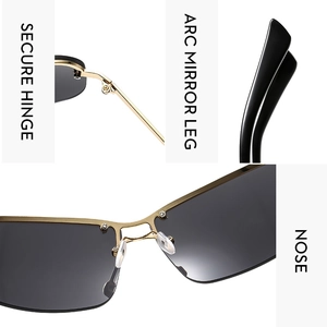 Detailed view of the gold metal hinges and arc legs of these rimless Y2K sunglasses