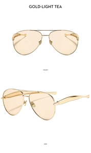 Detailed front and side views of gold aviator sunglasses with light tea lenses