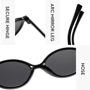 Detailansicht der ovalen Retro-Sonnenbrille mit Scharnier, Bügeln und Nasenpads
