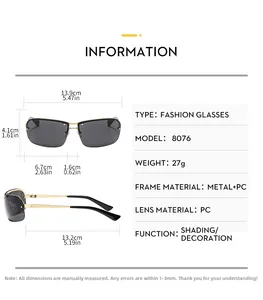 Size guide for rimless Y2K sunglasses showing frame width, lens height, and arm length