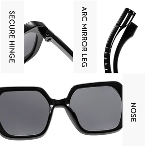 Detail view of secure metal hinges, curved mirror legs, and integrated nose pads on black sunglasses