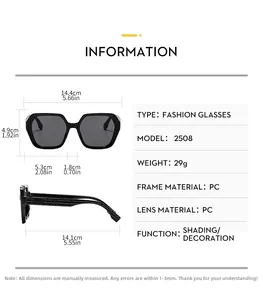 Detailed size chart for polygon fashion sunglasses showing frame width and temple length
