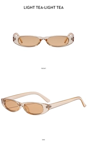 Front and side view of retro small oval sunglasses in light tea translucent finish