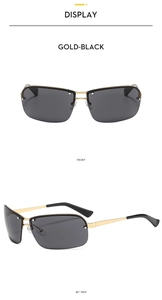 Front and side view of chic gold-black rimless Y2K sunglasses with dark grey lenses