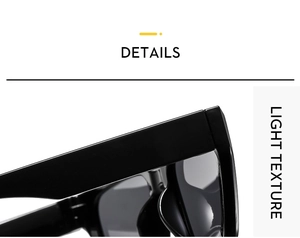 Close-up of high-gloss black square sunglasses frame showing light texture hinge detail