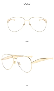 Detailed front and side views of gold metal aviator sunglasses with a double-bridge frame