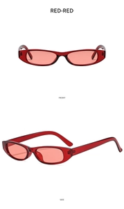 Front and side view of narrow oval red translucent retro sunglasses for a vintage look