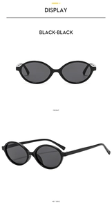 Vorder- und Seitenansicht einer ovalen schwarzen Vintage-Sonnenbrille mit Kunststoffrahmen