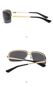 Detail view showing side and back of rimless Y2K gold sunglasses with dark grey lenses