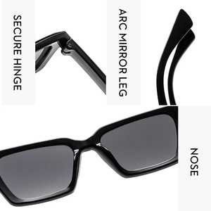 Detail view of square sunglasses with secure hinge, arc mirror leg and nose pad design