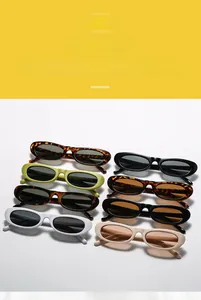 Flat lay of retro oval sunglasses in white, black, green and cream acetate frames