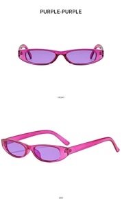 Front and side views of vintage purple oval sunglasses with transparent plastic frames