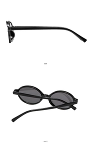 Detailansicht der Seiten und Rückseite der ovalen schwarzen Retro Sonnenbrille in Hochglanz