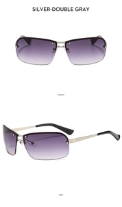 Close-up of rimless Y2K sunglasses with silver metal frame and double gray gradient lenses