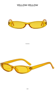 Detailed views of yellow oval sunglasses showing positive and side profile angles
