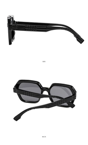 Detail view showing side and back of black geometric polygon sunglasses with textured arms