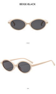 Vorder- und Seitenansicht der beige ovalen Vintage-Sonnenbrille mit schwarzen Gläsern