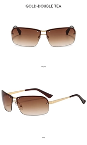 Front and side views of gold rimless Y2K sunglasses with gradient tea lenses