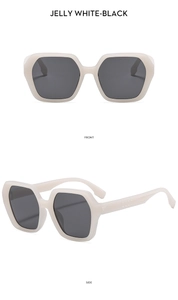 Macro view of polygon sun glasses in jelly white with dark gray lenses front and side view