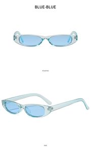 Front and side views of vintage small oval sunglasses with transparent blue frames