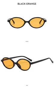 Vorder- und Seitenansicht der Vintage-Oval-Sonnenbrille mit schwarzem Rahmen und orangefarbenen Gläsern