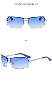 Close-up of rimless Y2K sunglasses with silver frame and blue gradient lenses