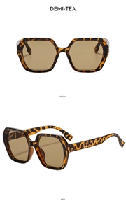 Close-up of geometric demi-tea sunglasses showing front and side frame views