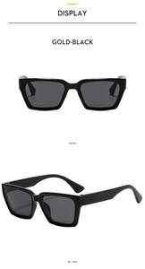 Front and side view of square black sunglasses with gold accents and gray lenses