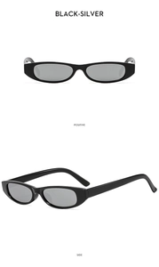 Detail view of vintage narrow frame sunglasses in black-silver with mirrored lenses