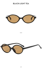 Vorder- und Seitenansicht der Retro-Oval-Sonnenbrille mit schwarzen Rahmen und Teegläsern