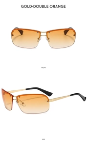 Front and side views of gold rimless Y2K sunglasses with orange gradient lenses