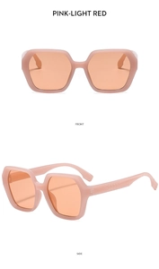 Front and side views of stylish pink translucent polygon sunglasses with orange lenses