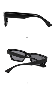 Detailed side and back views of black square sunglasses with wide temples and dark lenses