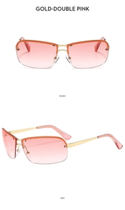 Detailed front and side view of gold Y2K rimless sunglasses with pink gradient lenses