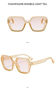 Front and side views of champagne geometric square sunglasses with gradient tea lenses