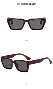 Detailed front and side view of square wine red sunglasses with black lenses