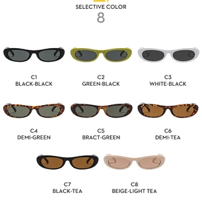 Detailed grid of oval sunglasses in eight trendy color options from black to tortoise