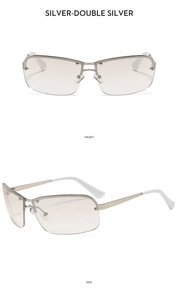Front and side views of Y2K rimless silver metal sunglasses with a double bridge design